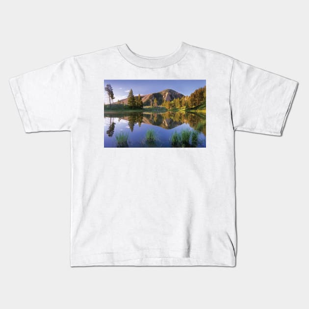 Bunsen Peak Reflected In Lake Yellowstone National Park Kids T-Shirt by AinisticGina